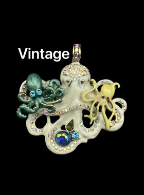 清仓中古vintage 复古真金电镀捷克钻复古白珐琅绿黄章鱼磁吸吊坠