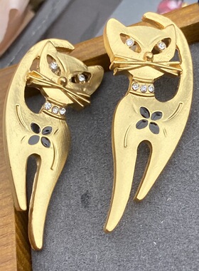 新中古vintage 打标款复古简约大气动物系列憨态可掬素金猫咪耳钉