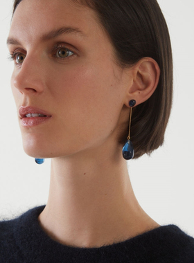 LUCKY 海蓝色宝蓝色几何不规则流苏长款冷淡风极简耳环