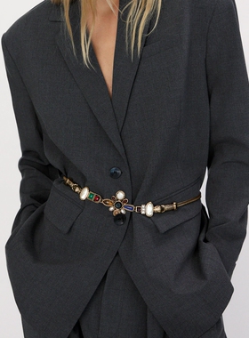 LUCKY 复古简约做旧不规则设计镶嵌宝石腰链腰带皮带外套