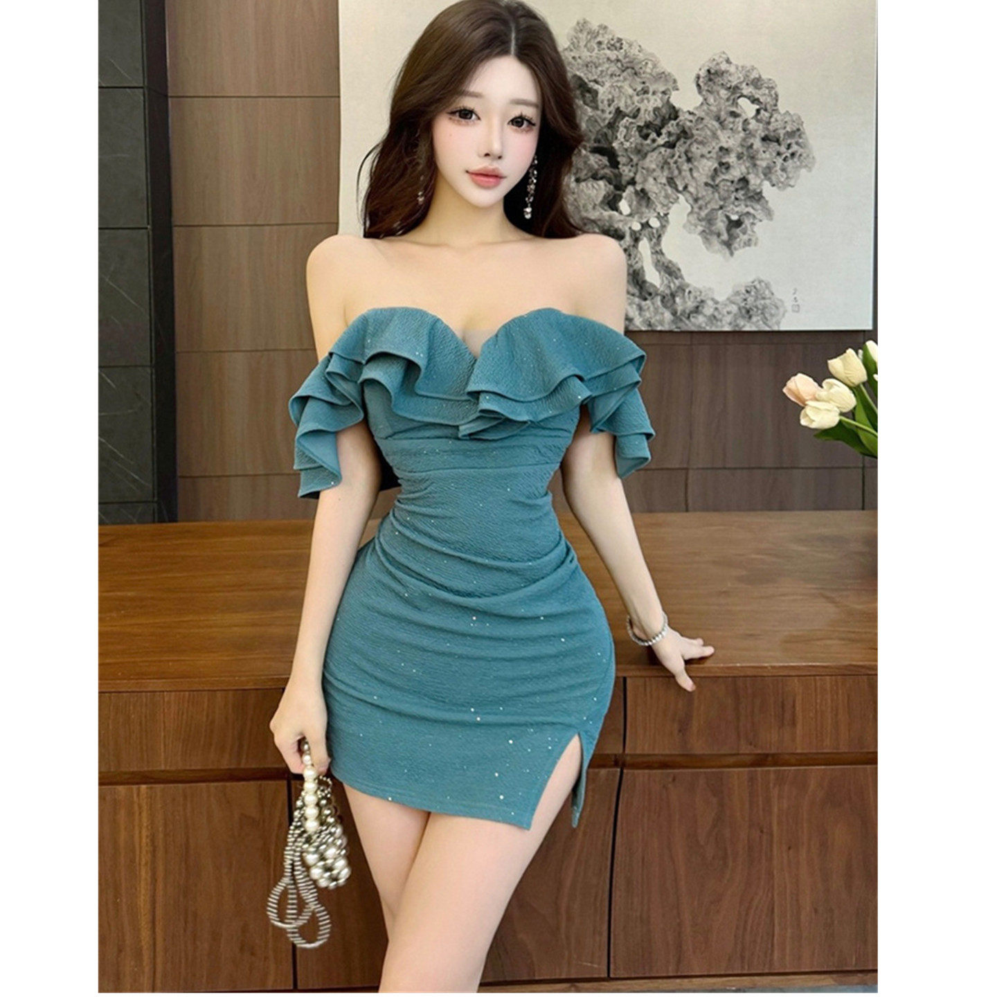 2026名媛风性感v领露肩包臀裙工作服 低胸裙夜场女士上班工衣制服