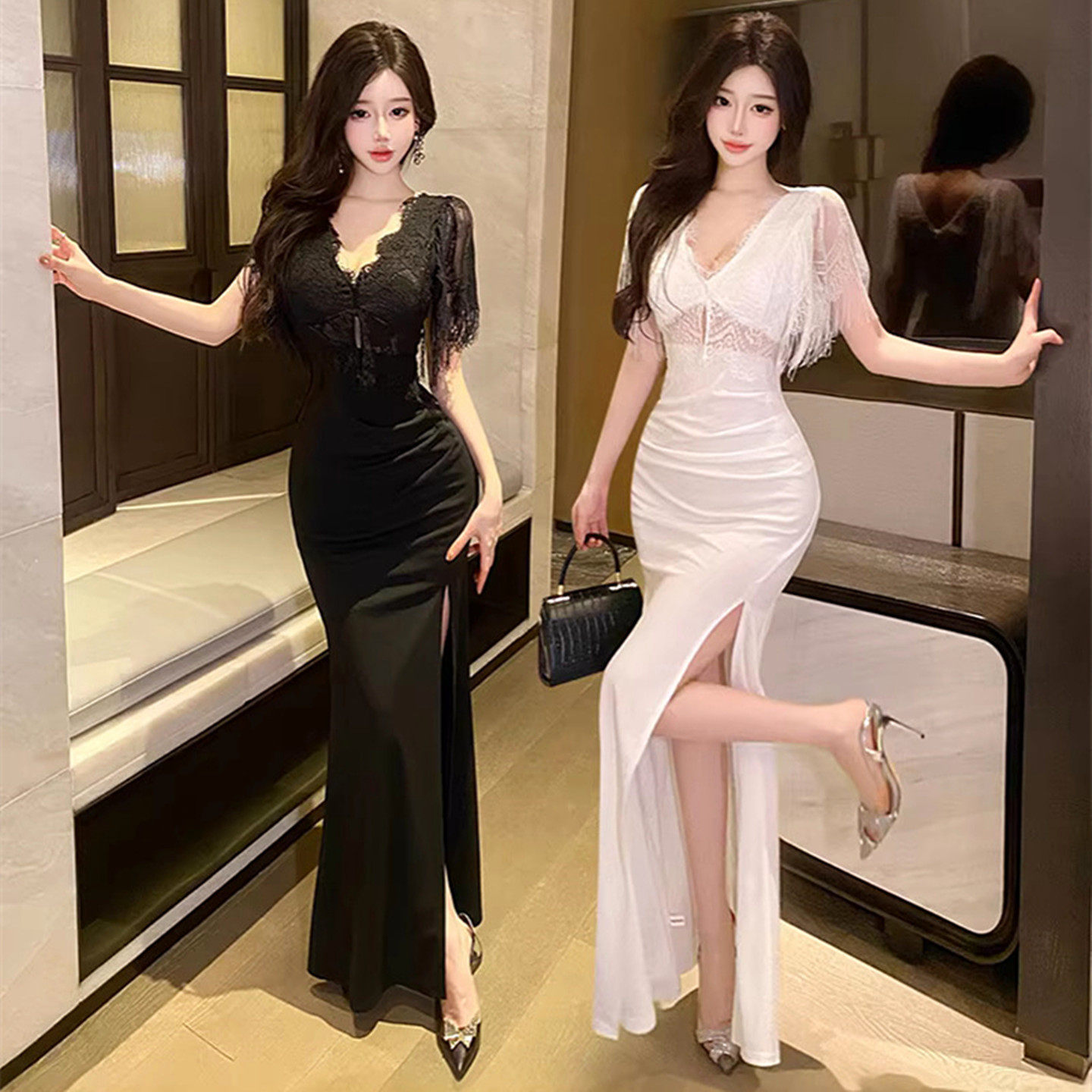 2026新款深V低胸网纱透视修身显瘦开衩长裙 性感轻奢酒店工作制服