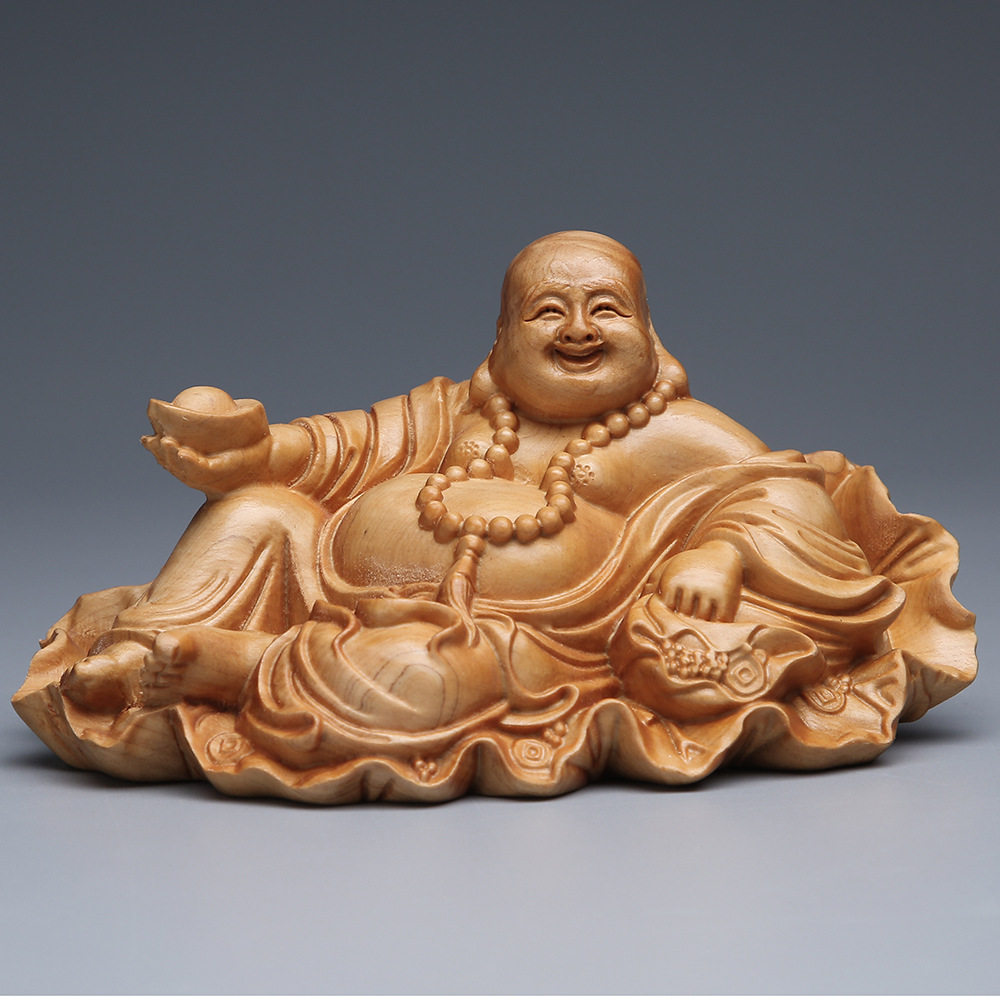 崖柏实木雕刻荷叶元宝笑佛木雕 弥勒佛像工艺品文玩居家汽车摆件