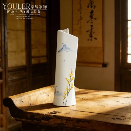 中式手绘青花白瓷花瓶客厅茶室桌面手工釉下彩复古书卷型插花摆件