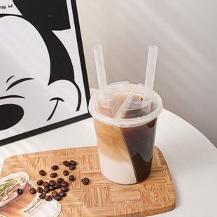 双拼咖啡杯一次性奶茶杯分享杯500ml两种口味杯加厚注塑杯网红杯