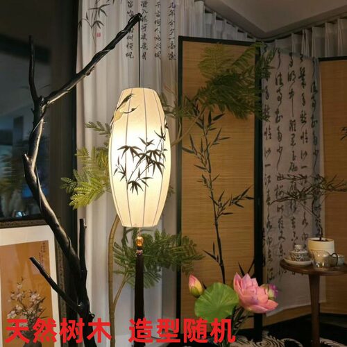 中国客厅灯笼款中式树枝茶室禅意风氛围复古钓鱼布艺落地灯灯灯新