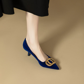 尖头浅口鞋 中高跟5cm细跟真皮单鞋 金属方扣春季 韩版 反绒黑色女鞋