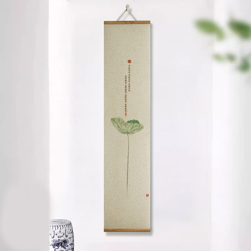 新中式禅意荷花背景墙装饰画卷轴画莲蓬经文花鸟茶室竖长挂轴画