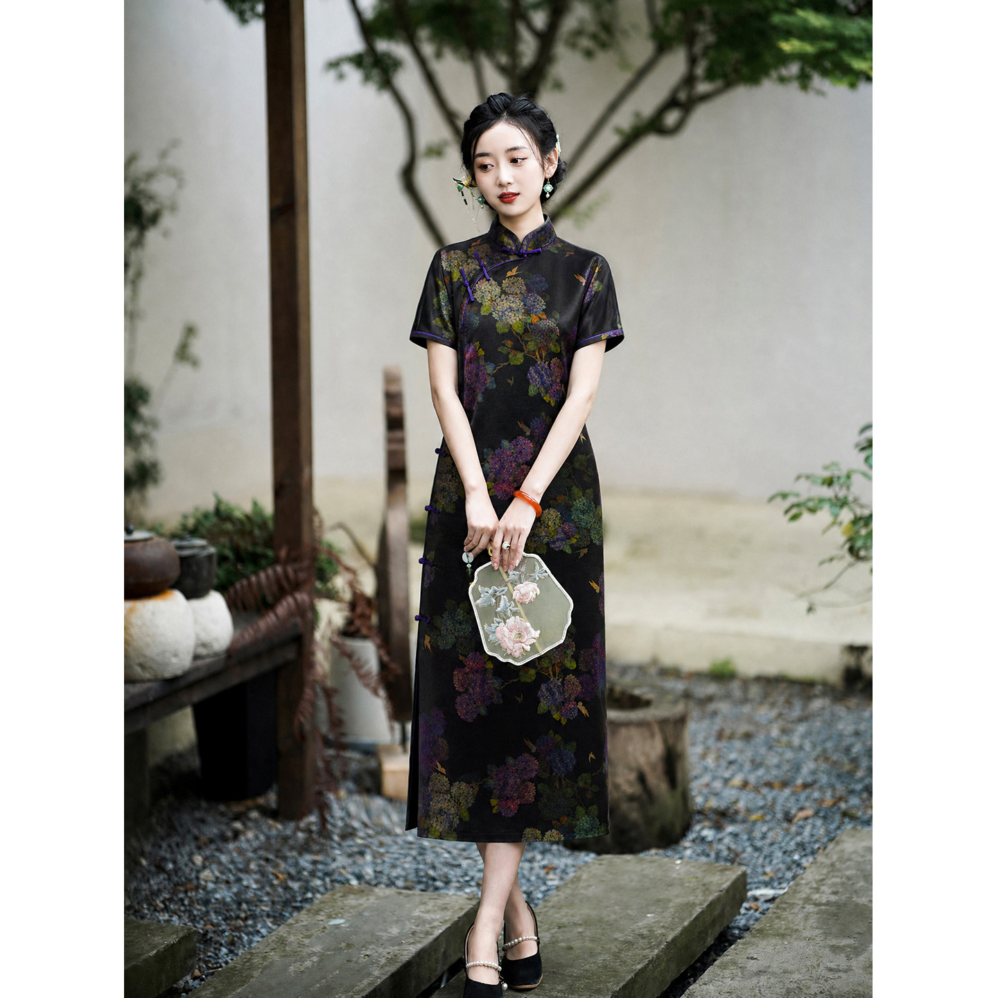 【绣球花】新款真丝香云纱旗袍中式改良气质连衣裙高端袍子年轻款