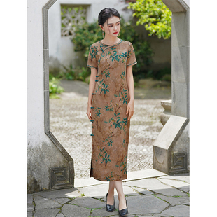新款真丝花罗改良旗袍连衣裙年轻款夏季中式简约盘扣圆领气质长裙