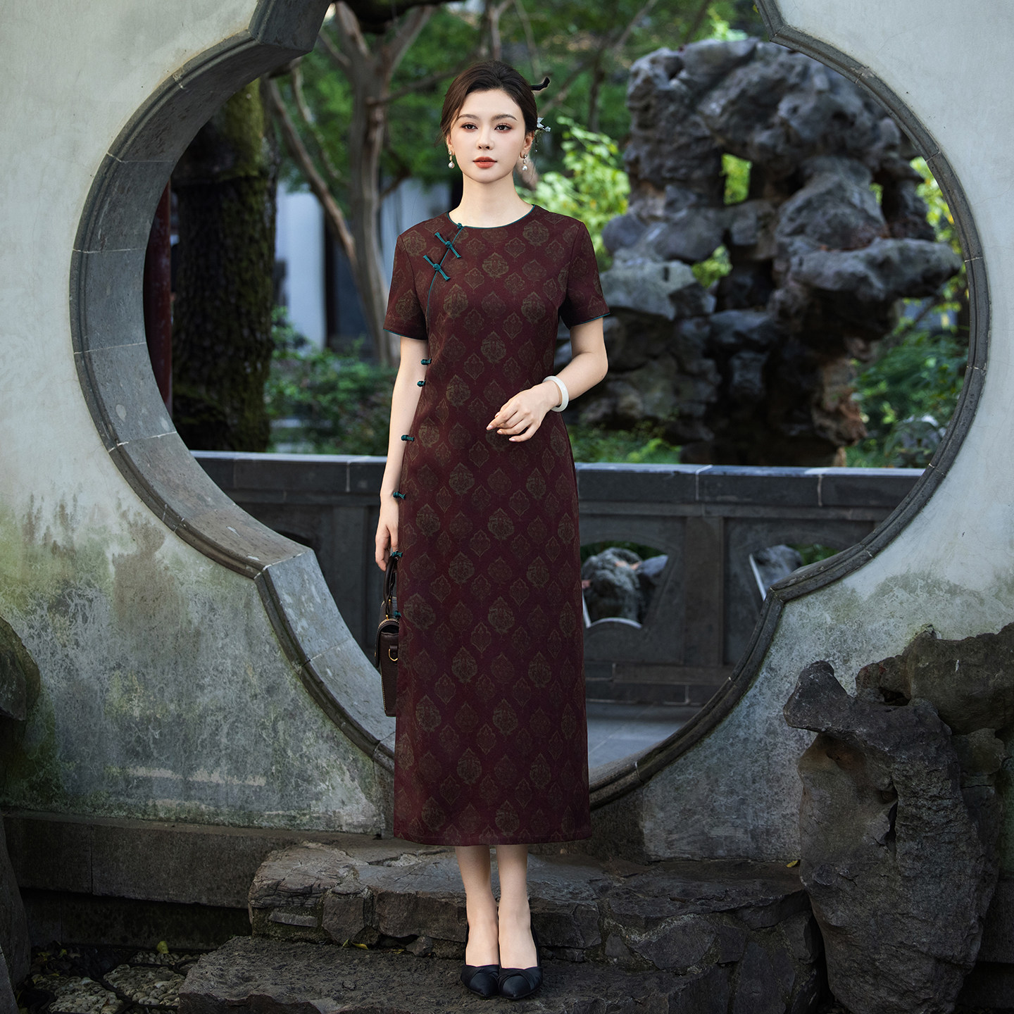 真丝绞罗香云纱新中式国风连衣裙女短袖印花长裙气质优雅复古女裙