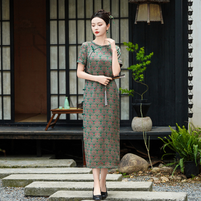 真丝红云纱中式无领显瘦旗袍裙