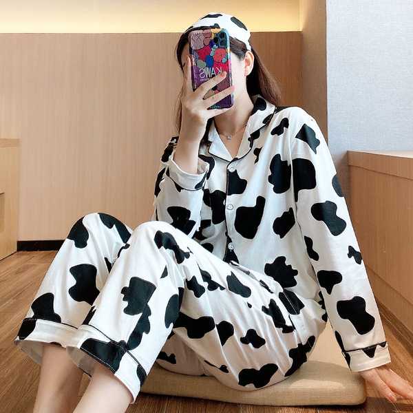 外贸爆款女士睡衣春秋季奶牛印花翻领长袖长裤欧美家居服套装