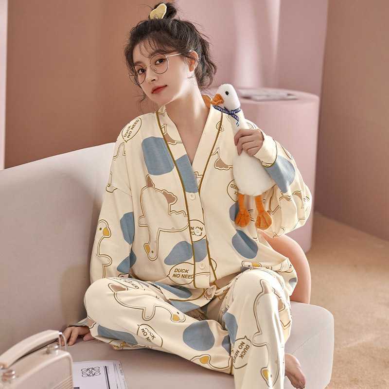 开衫长袖睡衣女春秋长袖加大女士睡衣新品秋冬可爱韩版家居服套装