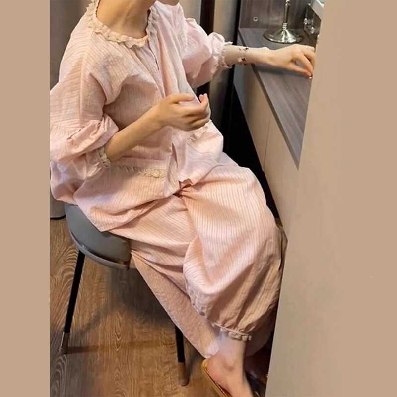 睡衣女春秋季2026新款纯色蕾丝花边长袖长裤甜夏天可爱家居服套装