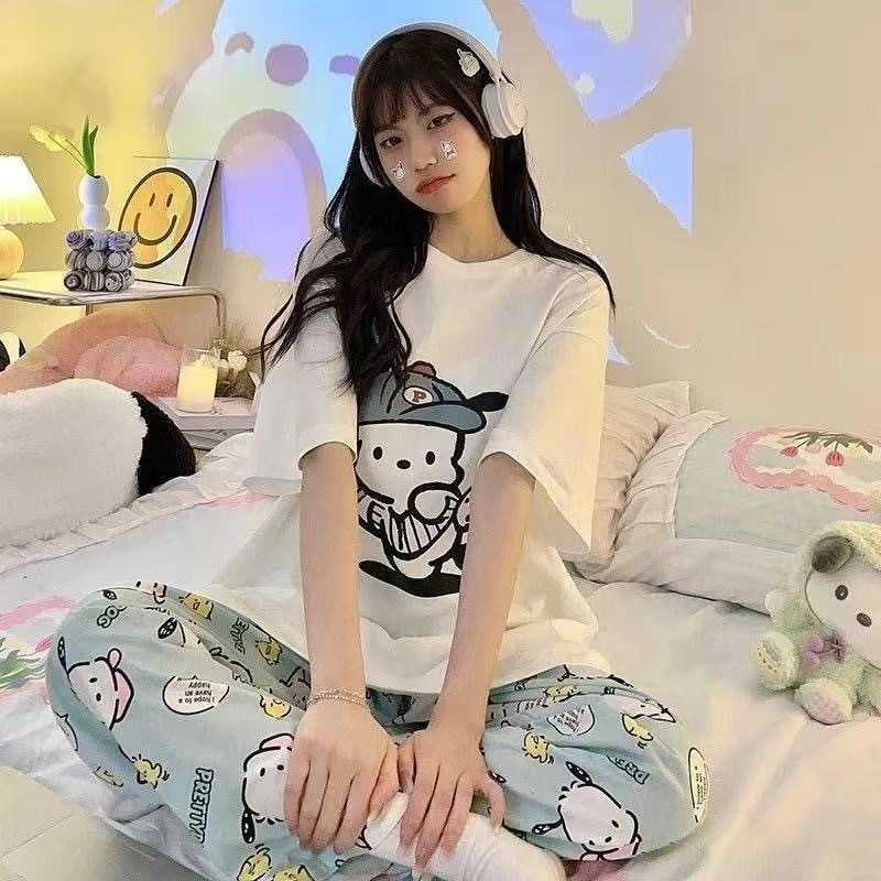 睡衣女士圆领夏季短袖薄款卡通甜美可爱长裤卡通家居服春秋季套装