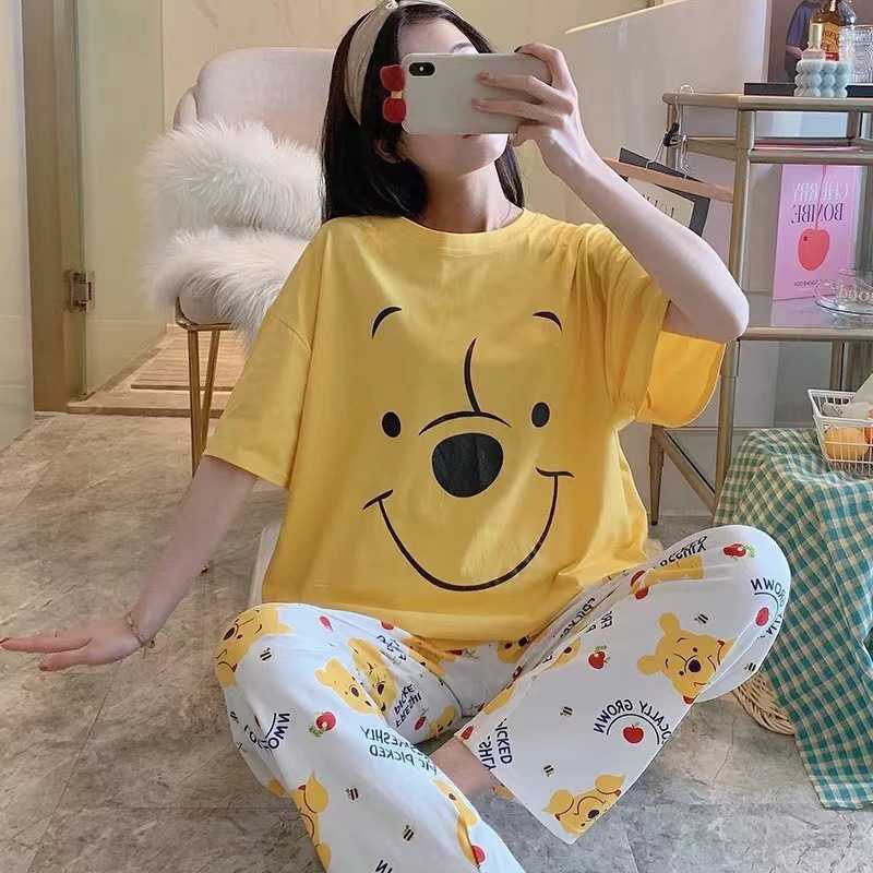 睡衣女士圆领夏季短袖薄款卡通甜美可爱长裤卡通家居服春秋季套装