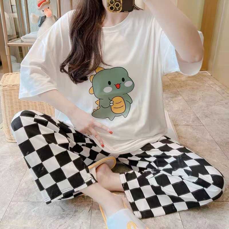睡衣女夏短袖韩版春秋季可爱长裤薄款新款宽松家居服套装大码卡通