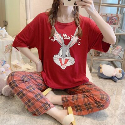 睡衣女春秋夏季短袖长裤大码宽松韩版可爱卡通甜美学生家居服套装