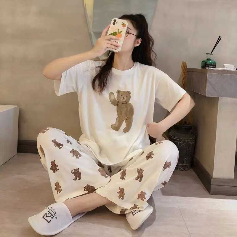外贸新款韩版卡通睡衣女短袖长裤少女士可外穿家居服春秋套装