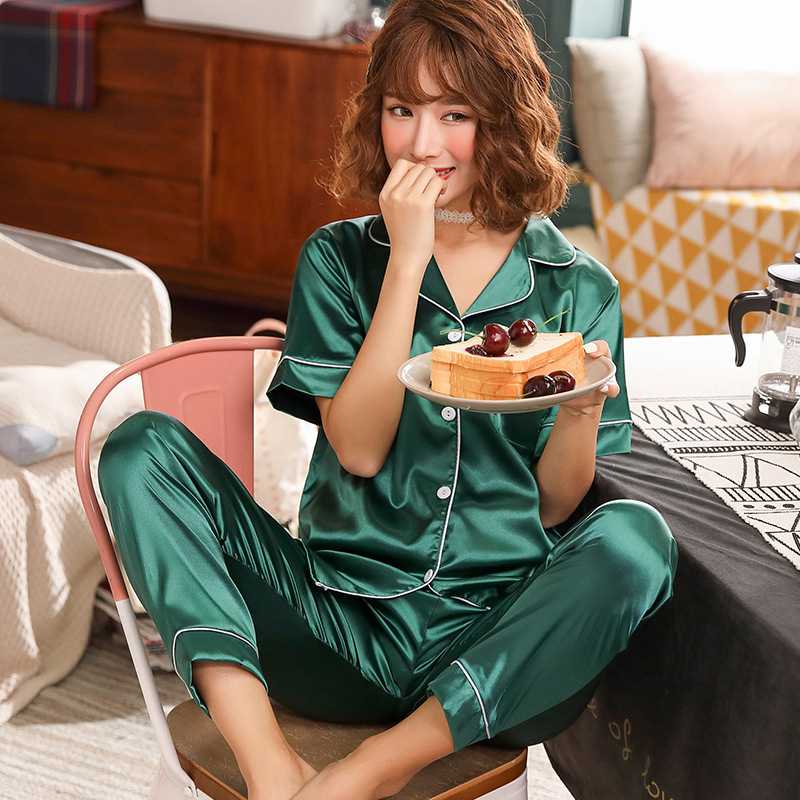 爆款外贸夏秋季仿真丝胖MM加肥加大码码短袖长裤女睡衣家居服套装