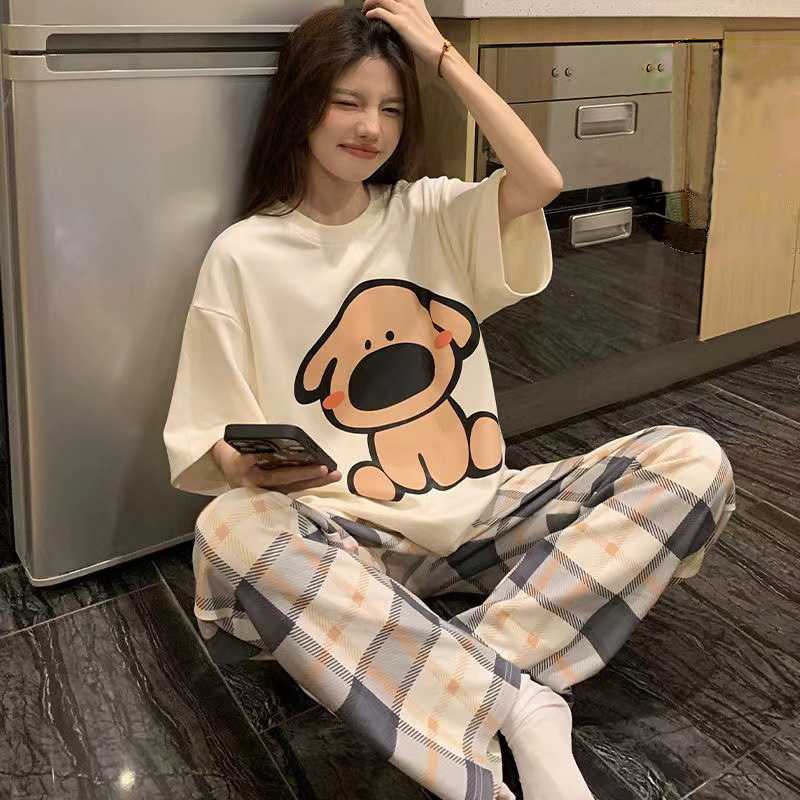 睡衣女士圆领夏季短袖薄款卡通甜美可爱长裤卡通家居服春秋季套装