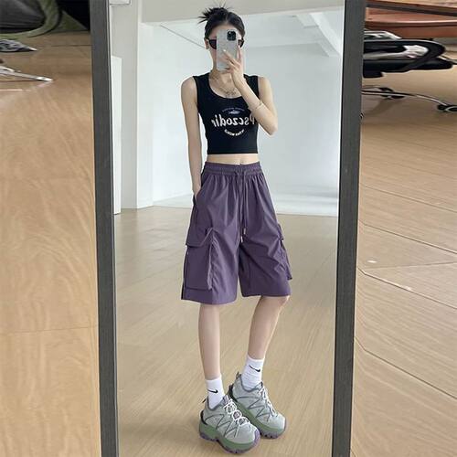 紫色大口袋美式休闲工装短裤女夏