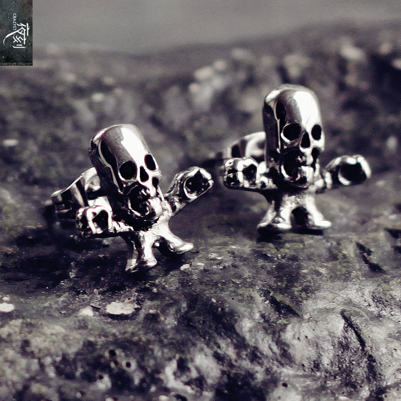 朋克风复古卡通骷髅钛钢耳钉