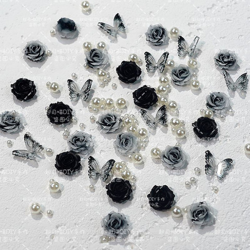暗黑玫瑰山茶花蝴蝶美甲饰品混装立体花花珍珠配指甲咕卡DIY配件