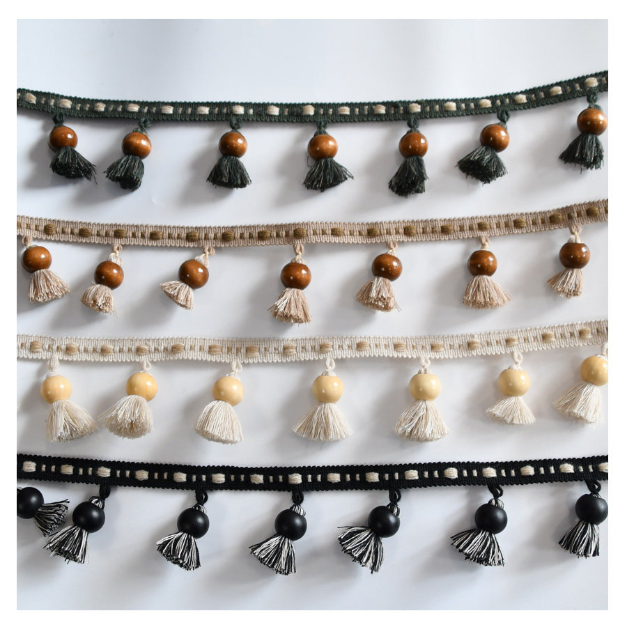 天河花边新款简约窗帘木头珠子吊球流苏全棉墨绿海宁布艺装饰辅料