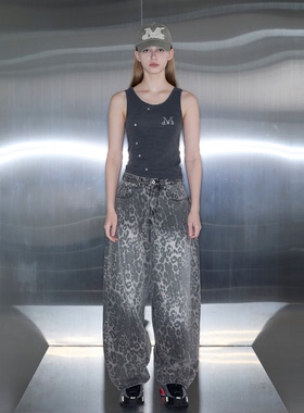 外贸原单Muc*ent豹纹可调节开合扣高腰宽松阔腿牛仔裤A12  2950