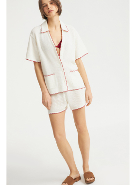 俄罗斯lim出口外贸刺绣花边领针织慵懒宽松开衫短裤套装B10 3724