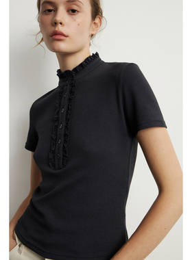 俄罗斯lim出口外贸纯色设计感甜美立领修身短袖花边纽扣T恤 2517