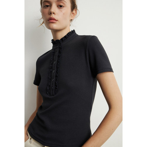 立领修身短袖花边纽扣T恤