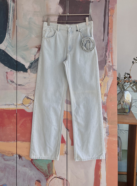 外贸原单LIM*E蓝色牛仔花设计潮流高腰直筒宽松阔腿牛仔裤D7 2267