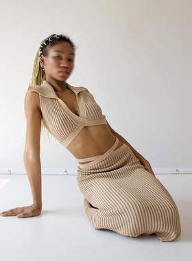 外贸原单RUV*E 绑腰针织半身裙中长裙毛线毛衣裙抹胸裙镂空长裙