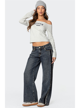 外贸原单Edi水洗撞色拼接侧条纹竖条低腰直筒阔腿柔软牛仔裤 1760