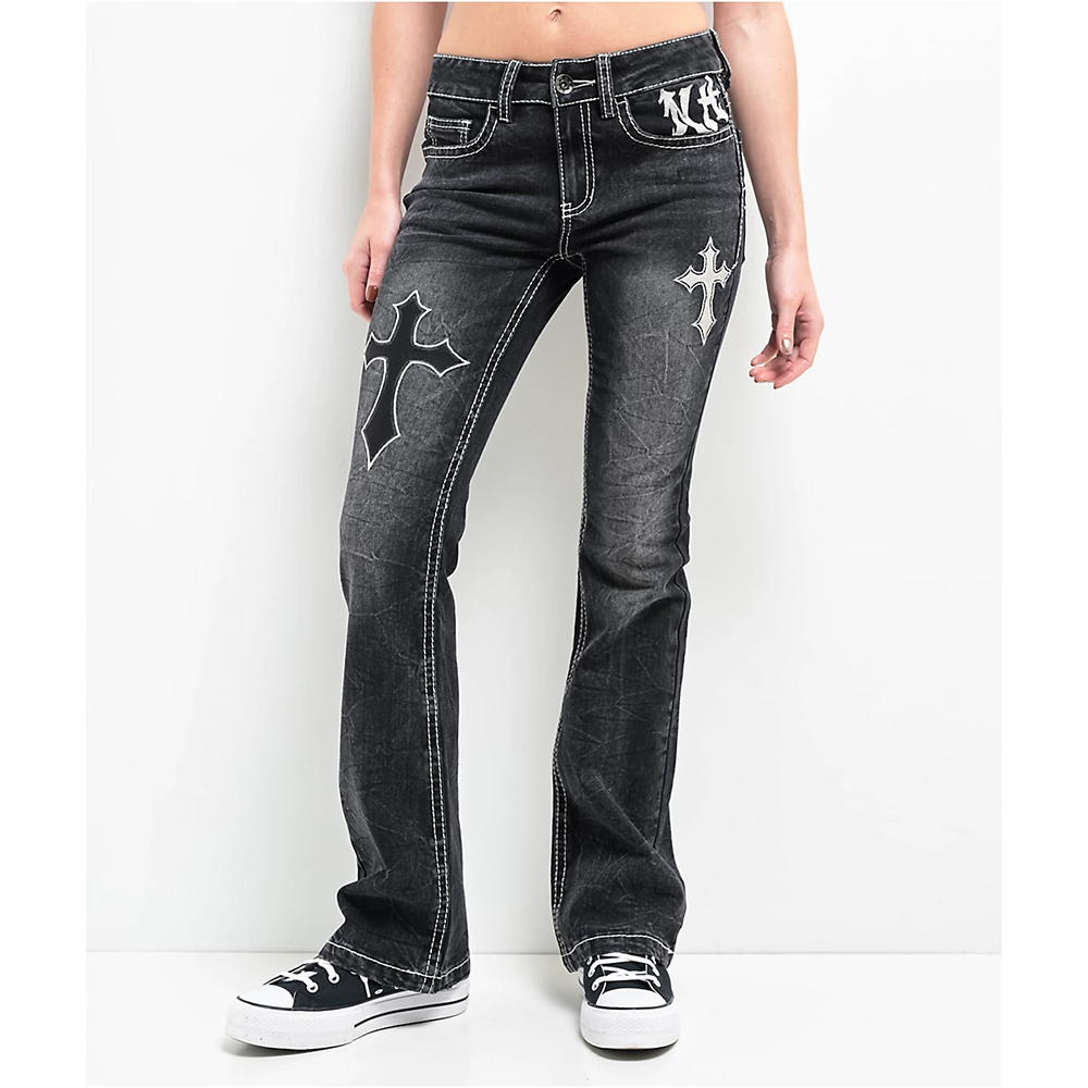 Nin*thHall黑色刺绣喇叭牛仔裤