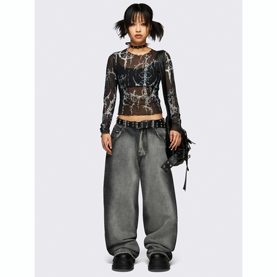 套染直筒宽松阔腿牛仔裤