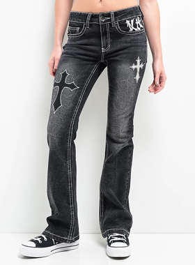 外贸原单Nin*th Hall黑色中腰中度刺绣显瘦喇叭牛仔裤 A10 2059