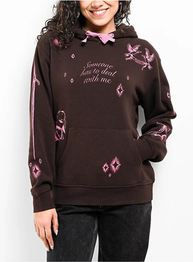 外贸原单Emp*yre复古丝带棕色印花柔软亲肤百搭重磅连帽衫1557