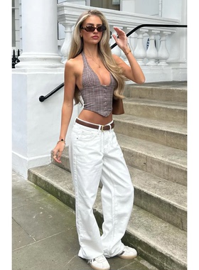 外贸原单WF樱桃标低腰百搭水洗直筒阔腿宽松牛仔裤米白长裤 2053