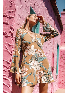 外贸原单O'Ne*illSTEVIELILLIE烟草棕V领气质高级感长袖连衣裙B9