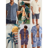 男款 毛圈布多色衬衫 短裤 外贸原单Mar 沙滩罩衫 Layer 套装 TEE ine