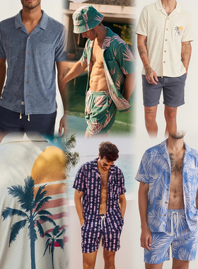 外贸原单Mar*ine Layer 男款毛圈布多色衬衫短裤套装沙滩罩衫TEE