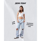 Sun Jordyn浅靛蓝破洞低腰直筒牛仔裤 阔腿裤 外贸原单Pac 长裤 宽松