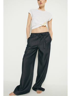 外贸原单LIM*E莱赛尔抽绳休闲直筒宽松阔腿牛仔裤深蓝色 C1 2252