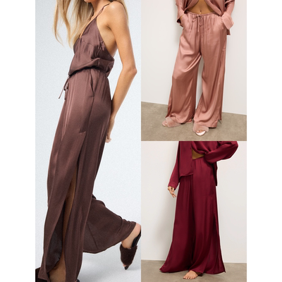 纯色薄款绸缎宽松阔腿睡裤