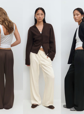 外贸原单Gin*a Tricot缎面休闲气质松弛感橡筋腰显瘦阔腿裤1485C1