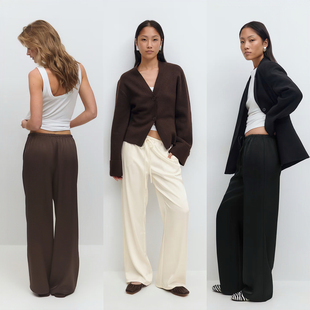 1485C1 Tricot缎面休闲气质松弛感橡筋腰显瘦阔腿裤 外贸原单Gin